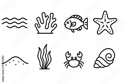 Lagoon Reef Icons. Line style icons of Lagoon Reef: Lagoon Water, Coral Cluster, Parrotfish, Starfish, Sandy Bottom, Seaweed,