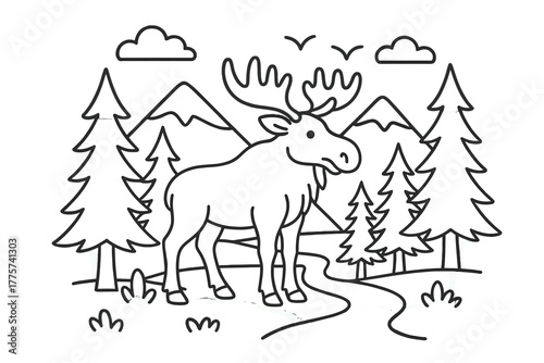 Moose in Forest Scene. Majestic moose standing among pine trees with mountains, birds, and a river in the background, black and