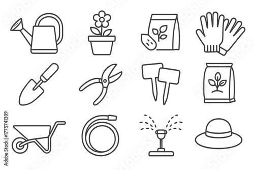 Home Gardening Icons. Line style icons of Home Gardening: Watering Can, Flower Pot, Seed Packet, Garden Gloves; Trowel, Pruning