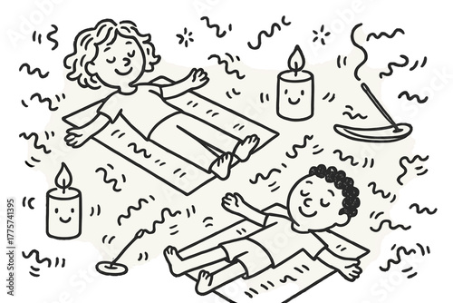 Playful Therapy Session. Playful doodle holistic therapy session with smiling characters lying on mats, cheerful candles and