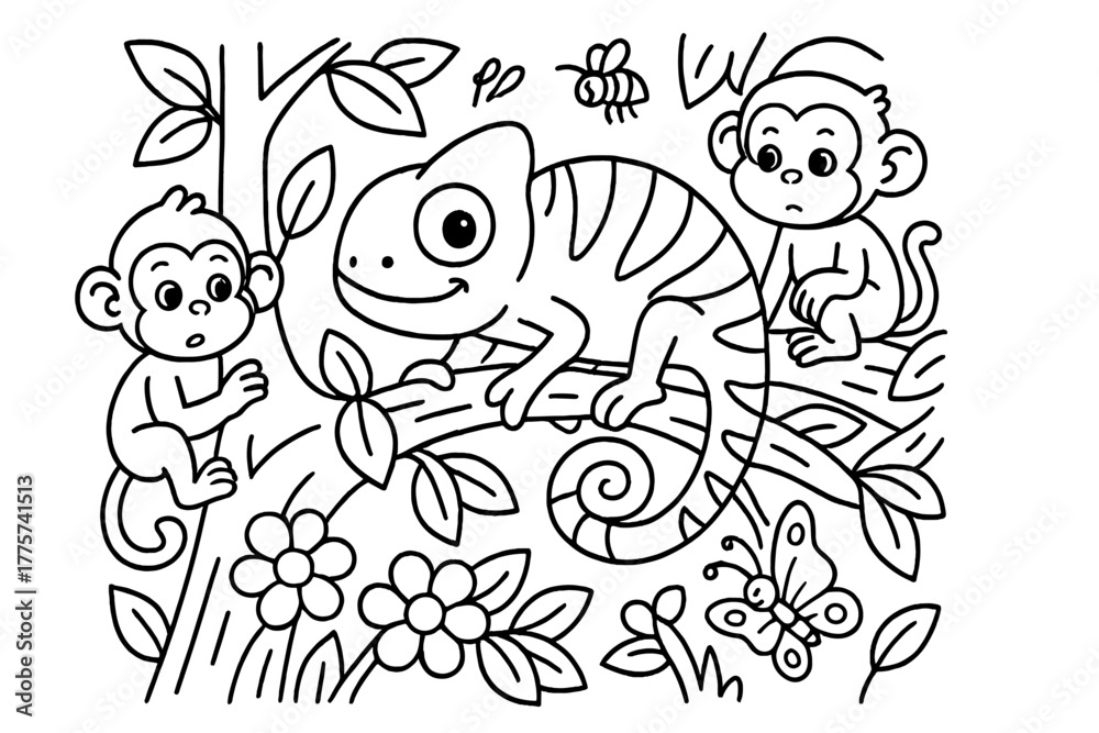 Fototapeta premium Chameleon and Curious Monkeys. Smiling chameleon blending on a tree with insects, flowers, and curious monkeys watching, black and