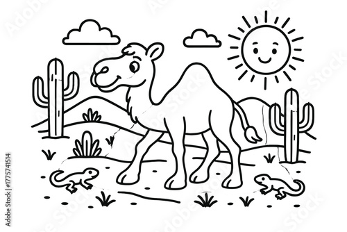 Curious Camel Adventure. Curious camel walking across sandy dunes with cacti, lizards, and a bright smiling sun, black and white