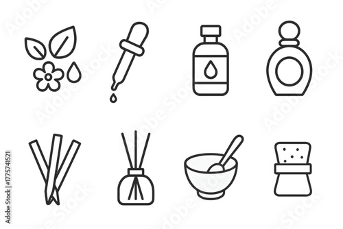 Perfumery Line Icons. Line style icons of Perfumery: Notes of Fragrance, Pipette, Essential Oil, Scent Bottle, Tester Strips,