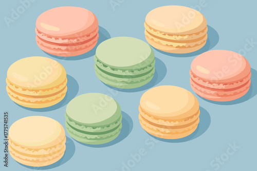 Colorful Macarons Display. Close-up of colorful macarons vector illustration neatly arranged on a textured blue background, soft