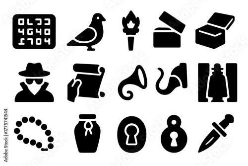 Ancient Espionage Icons. Solid style icons of Ancient espionage: coded tablet, messenger pigeon, signal torch, hidden compartment,