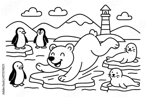 Polar Bear Slide. Smiling polar bear sliding on ice near penguins, seals, and a lighthouse in the distance, black and white line