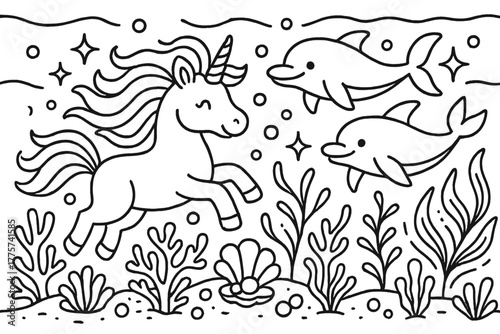 Underwater Unicorn Adventure. Magical underwater unicorn swimming among corals with dolphins, pearls, and glowing plants, black