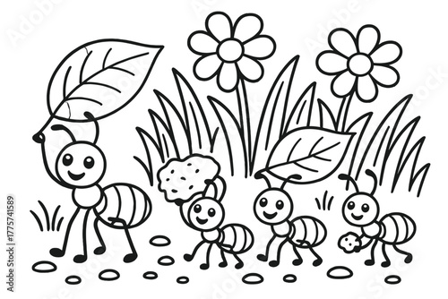 Joyful Ant Family. Joyful ant family carrying leaves and crumbs while smiling under flowers and grass, black and white line art,