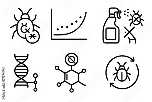 Pesticide Resistance Icons. Line style icons of Pesticide Resistance: mutation symbol on bug, resistant population graph, spray