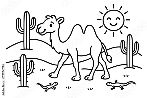 Curious Camel Adventure. Curious camel walking across sandy dunes with cacti, lizards, and a bright smiling sun, black and white
