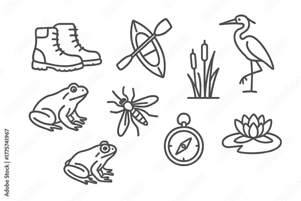 Naklejka premium Adventure Marsh Icons. Line style icons of Adventure Marsh: Hiking Boots, Canoe, Reeds, Heron, Frog, Mosquito, Compass, Water Lily