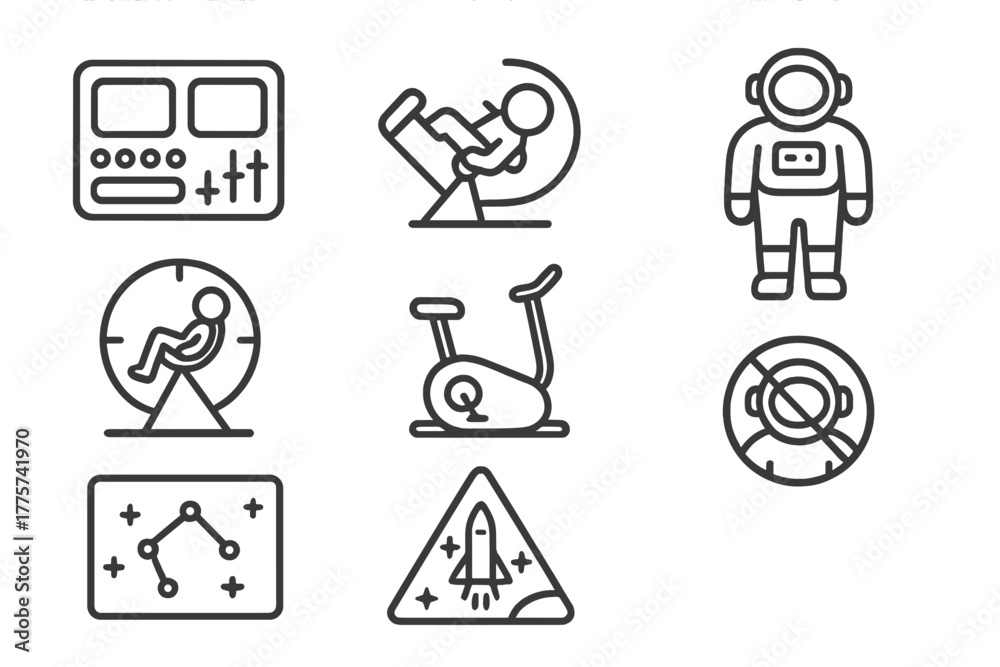 Fototapeta premium Astronaut Training Icons. Line style icons of Astronaut Training: Control Panel, Zero-G Simulator, Spacesuit, Centrifuge, Exercise
