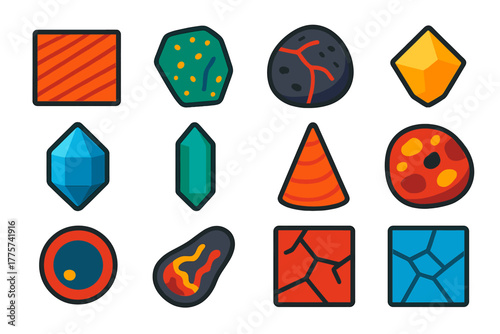 Shock Metamorphism Icons. Flat vector icons of shock metamorphism features: planar deformation features, diaplectic glass,