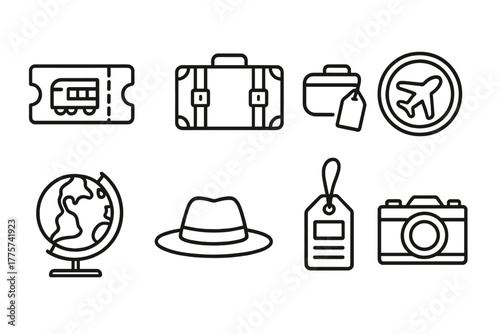 Vintage Travel Icons. Line style icons of Vintage Travel: Train Ticket, Steamer Trunk, Leather Suitcase, Passport Stamp, Globe,