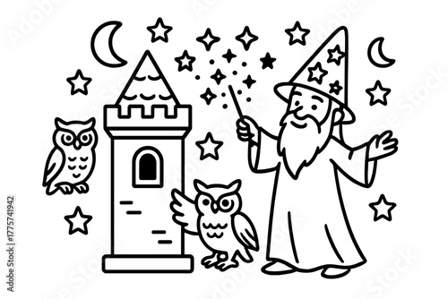 Wizard's Enchanted Spellcasting. Magical wizard casting spells near the castle tower with owls, stars, and sparkling moons, black