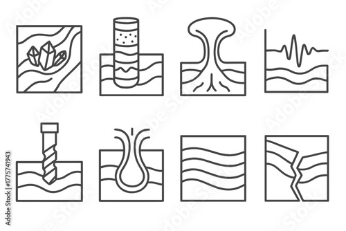 Deep Earth Icons. Line style icons of Deep Earth: Mineral Vein, Core Sample, Mantle Plume, Seismic Wave, Drill Bit, Magma Chamber,