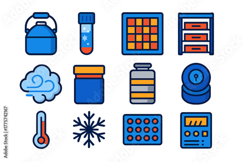 Cryogenic Storage Icons. Flat vector icons of Cryogenic Storage: liquid nitrogen dewar, frozen sample tube, cryobox grid, storage