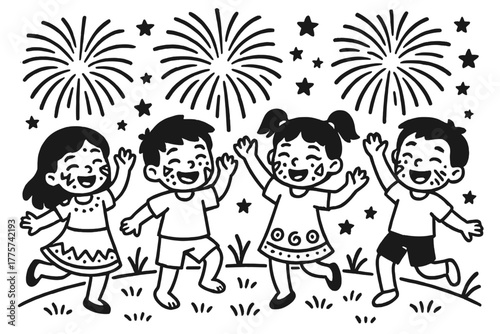 Festival Dance Coloring Page. Joyful festival scene with children dancing, painted with patterns, and fireworks above, black and