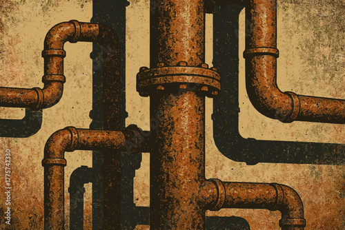 Rusty Industrial Pipes. Industrial pipes with rusted textures and dramatic shadows, gritty and vintage, muted earthy tones,