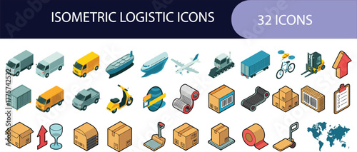 Comprehensive isometric logistic icons set for supply chain and transportation