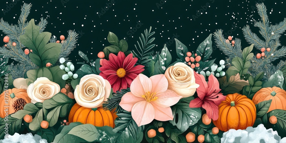 Naklejka premium A colorful bouquet of flowers and pumpkins