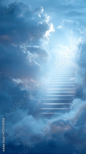 Stairway to Heaven with dramatic clouds and bright light, spiritual concept