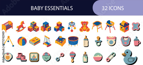 Collection of baby essentials and toys for newborn care and playtime fun