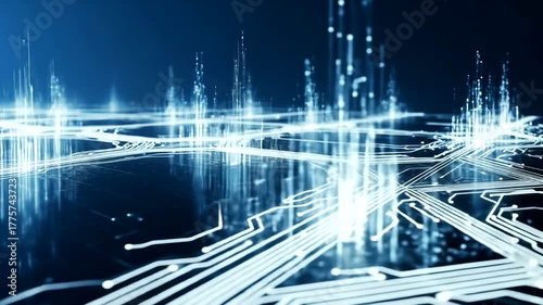 Futuristic digital circuit board with glowing data streams in a tech environment