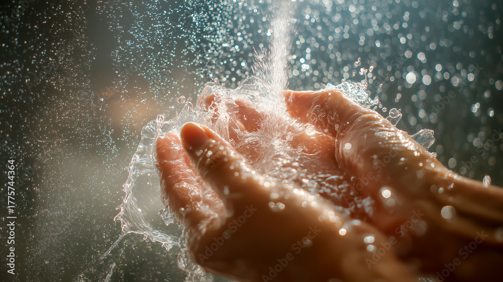 Fototapeta premium Hands under running water catching splashes and droplets in sunlight