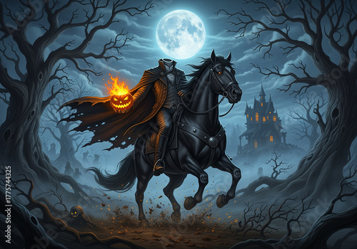 haunted night scene with headless horseman glowing moonlight horror fantasy 3d artwork