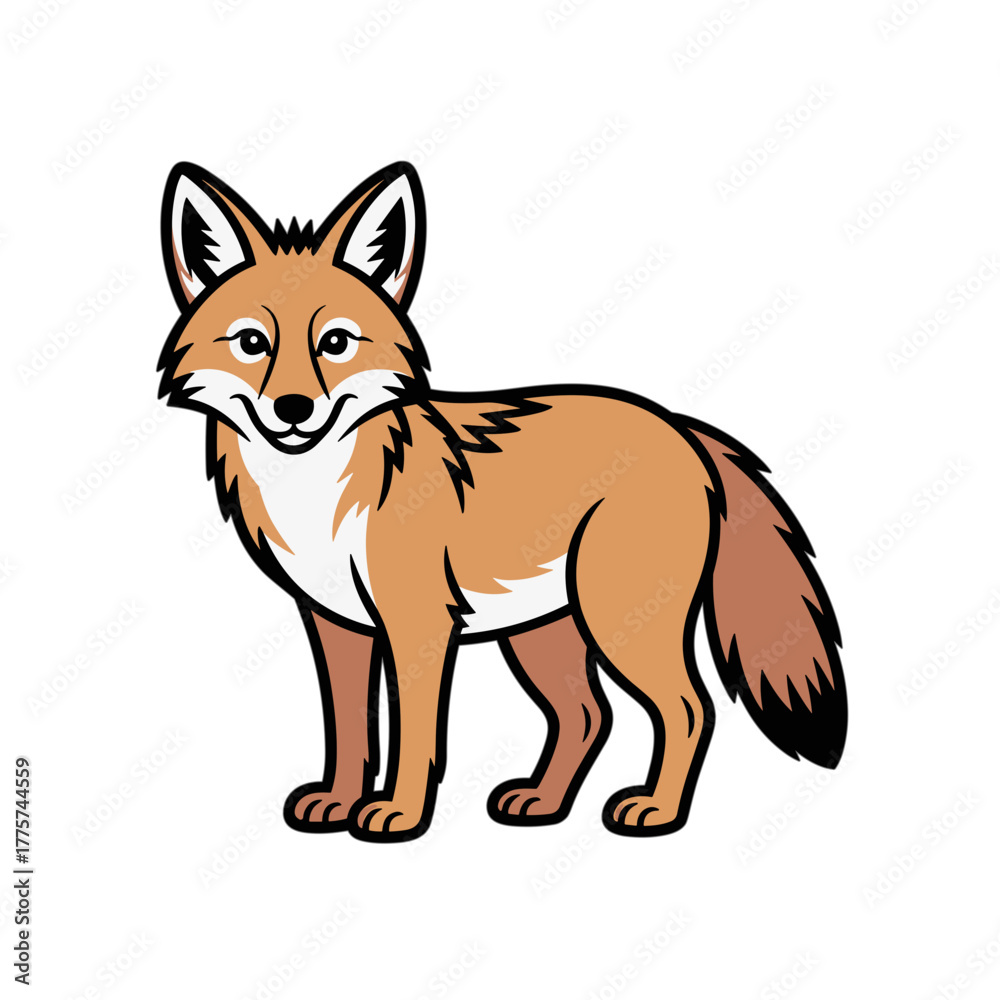 Fototapeta premium Cartoon coyote standing with a friendly expression, a hand-drawn illustration, on a white background 