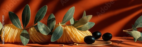 Elegant suspended pasta strands with olive branch on dark background minimalist food art