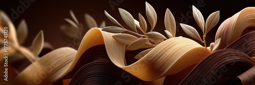 Elegant suspended pasta strands with olive branch on dark background minimalist food art