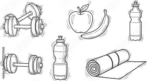  Doodle style fitness and health icons, dumbbells, fruit, bottle, yoga mat, vector sketch 