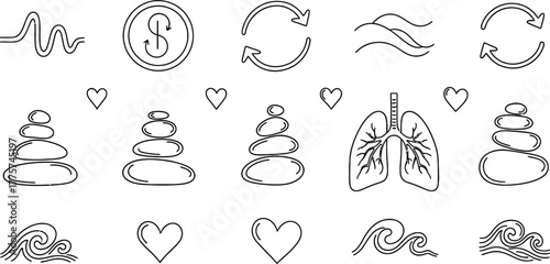 Doodle symbols for mindfulness, breath icons, balance stones, waves, hearts, minimal sketch