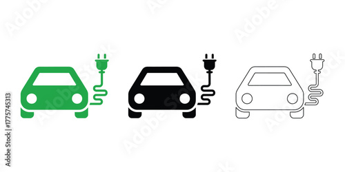 Electric car icon set isolated on white background, green, black, white stylish
