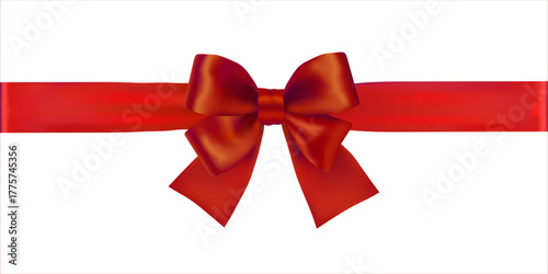 Red satin ribbon and bow. Vector illustration for greeting cards, winter prints, cover, calendar, gift tags and social media	isolated on the white background 