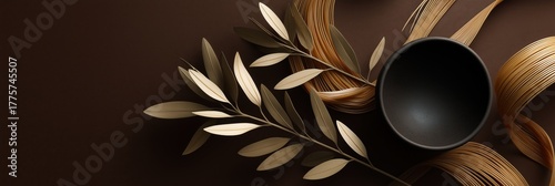Elegant suspended pasta strands with olive branch on dark background minimalist food art