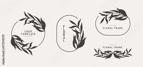 Collection of floral frames with silhouettes of branches and leaves. Hand drawn elegant delicate botanical borders and wreaths. Vector isolated elements for wedding invitation, card, logo