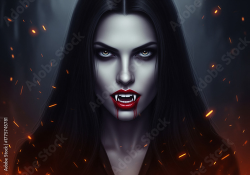 vampire woman with bloody lips and sharp fangs staring at camera horror halloween art portrait with dark fire sparks background