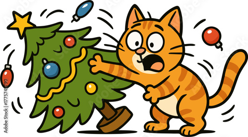 Funny cartoon cat accidentally knocking over a decorated Christmas tree with ornaments and a star, creating a chaotic holiday scene