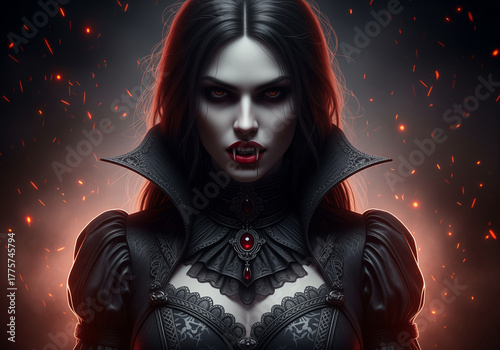 dark gothic female vampire with red lipstick and fangs scary halloween theme over smoky background with glowing sparks