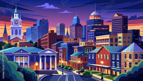 Very beautiful historic downtown Lexington, Kentucky, USA, cityscape at blue hour, featuring illuminated streets, classic architecture, and a serene twilight sky over the urban landscape.