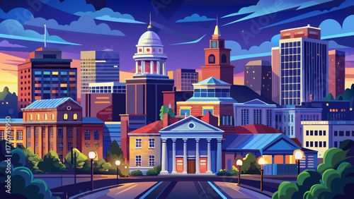 Very beautiful historic downtown Lexington, Kentucky, USA, cityscape at blue hour, featuring illuminated streets, classic architecture, and a serene twilight sky over the urban landscape.