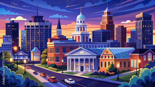 Very beautiful historic downtown Lexington, Kentucky, USA, cityscape at blue hour, featuring illuminated streets, classic architecture, and a serene twilight sky over the urban landscape.