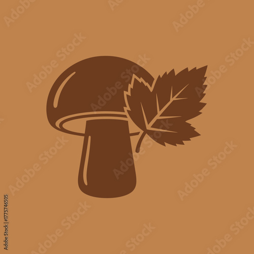 A mushroom and a leaf are featured in a simple illustration.