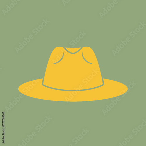 A yellow hat with a brim and a dented crown is displayed.