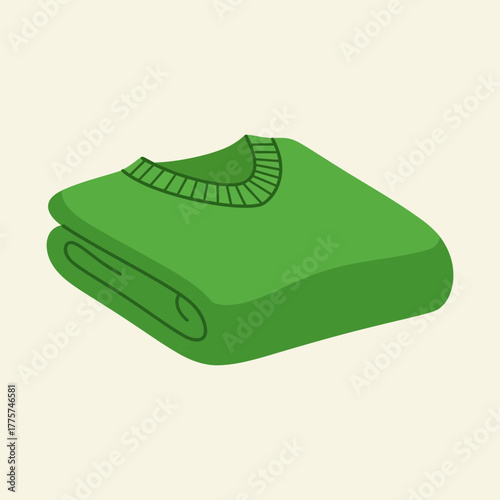 Folded green sweater with ribbed neckline shown in a simple illustration.