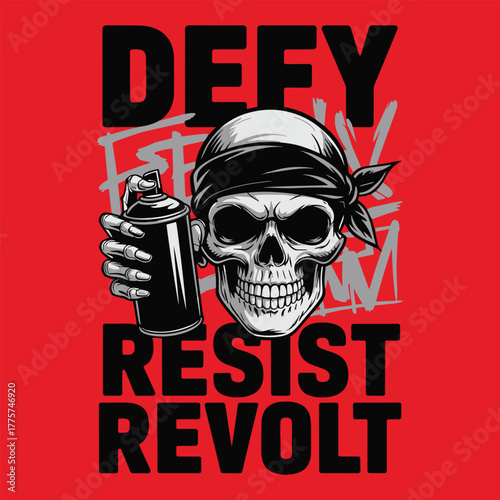 Defy Resist Revolt Spray Can Skull Bandana Red T Shirt Design