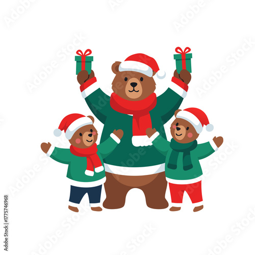 Bear celebrating with friends while holding gifts in Christmas outfits, white background, isolated, vector, set 